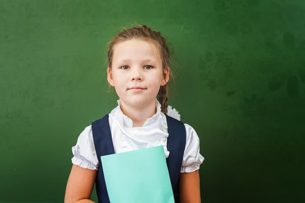 First grade schoolgirl holding notebook near blackboard at classroom