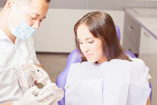 Dentist doctor shows the patient\'s model of jaw with teeth