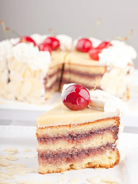 Cherry Cake Slice On A White Plate