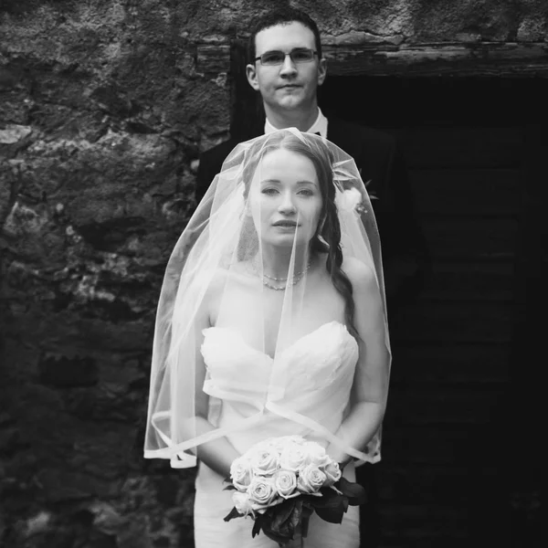 Happy gentle stylish groom and bride