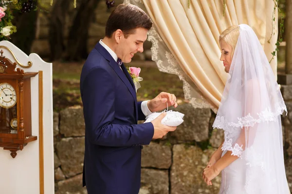 Bride and groom put rings at a wedding