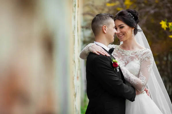 Bride and groom laughing