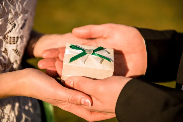 Close-up image of a box with wedding rings