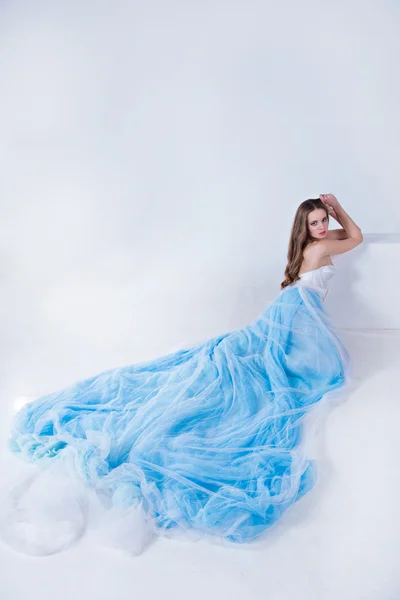 Beautiful girl in a blue long dress with plume