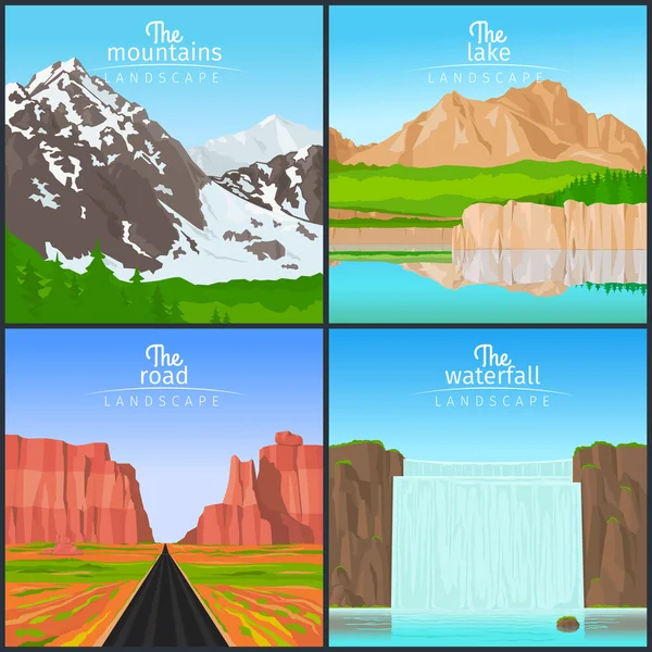Mountains and waterfall landscape set