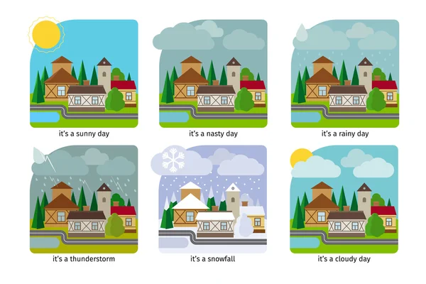 Different weather in the town illustrations