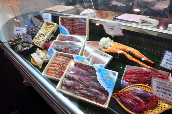 Hong Kong, China - September 8, 2015: Plenty of delicious seafood are displayed beautifully at a seafood trade show in Hong Kong