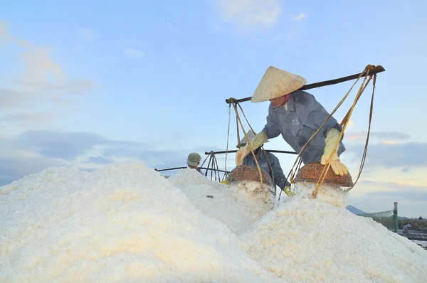 Ninh Hoa, Vietnam - March 2, 2012: Vietnamese women are burdening hard to collect salt from the extract fields to the storage fields