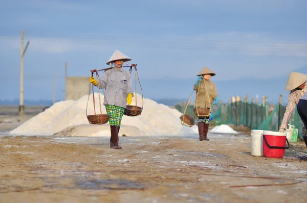 Ninh Hoa, Vietnam - March 2, 2012: Vietnamese women are burdening hard to collect salt from the extract fields to the storage fields