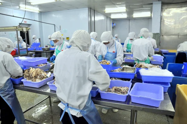 Ho Chi Minh city, Vietnam - October 3, 2011: Workers are working hard in a seafood factory in Ho Chi Minh city, Vietnam