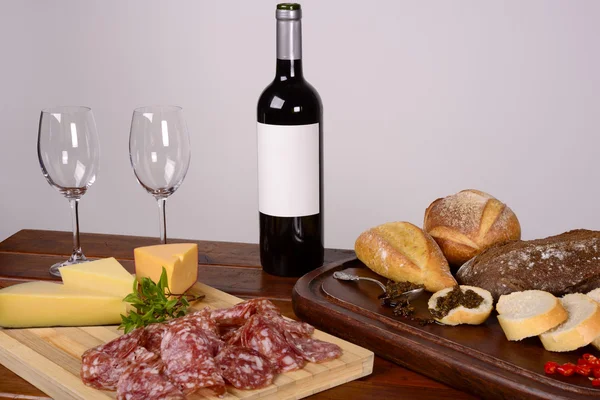 Charcuterie and Cheese Platter, Bread, Chimichurri and Red Wine