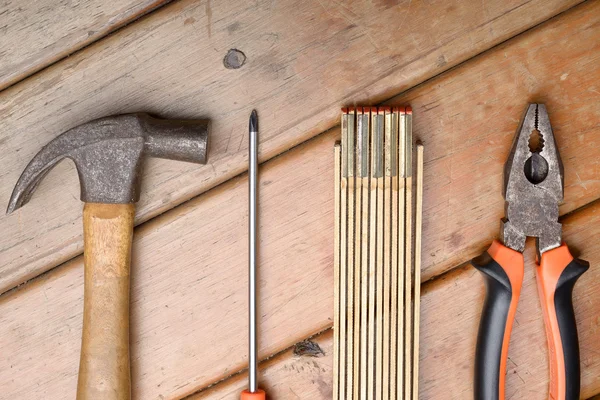 Hand Tools - Hammer, Phillips Screwdriver, Pliers and Wooden Met