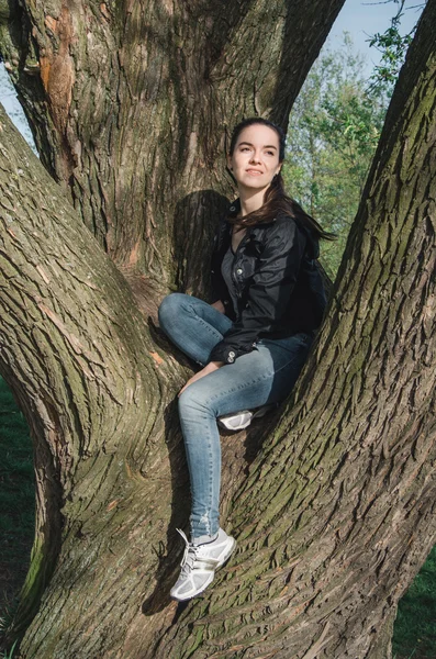 Smiling caucasian young woman in black jacket, blue jeans, white sneakers sitting on a tree trunk in forest. Brunette female walking outdoors near park tree. Summer morning nature background.