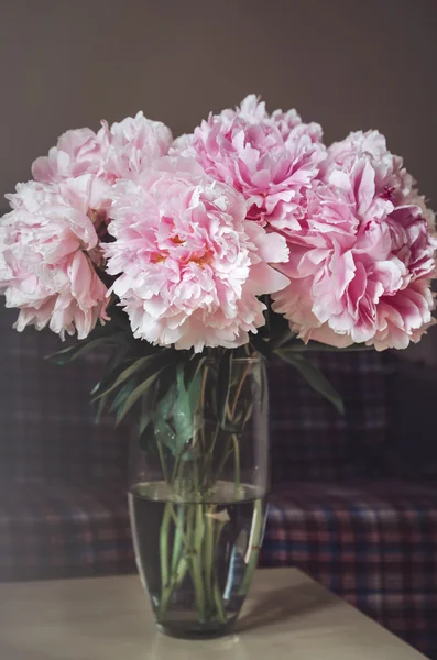 Beautiful fresh bouquet of pink peonies roses flowers in glass vase on the table with sunlight background. Summer time concept. Still life, rustic style. floral, home decor. Pastel colors purple