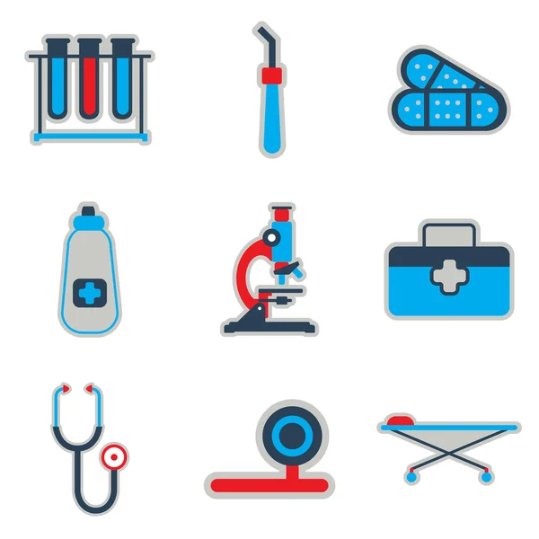 Icons of medical instruments and medicament in flat style