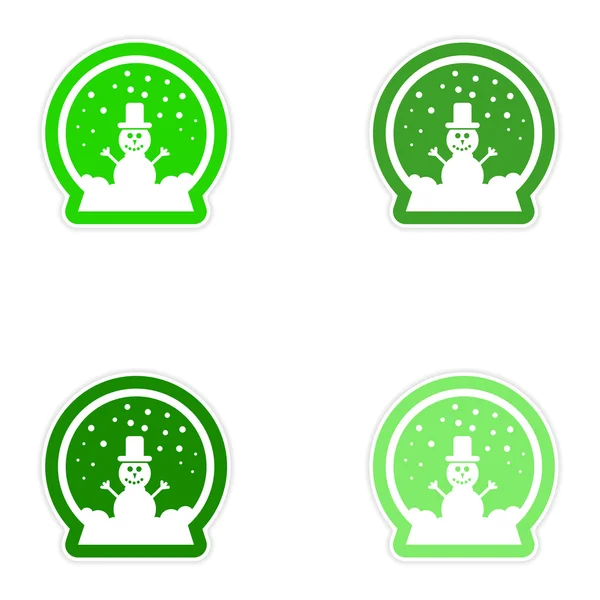 Set of paper stickers on white background snowman snow globe