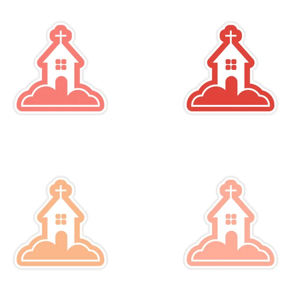 Set of paper stickers on white background Church in snow