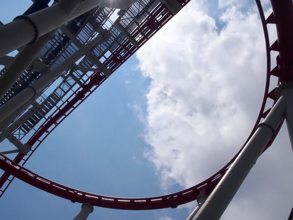 A roller coaster\'s loop with blue sky