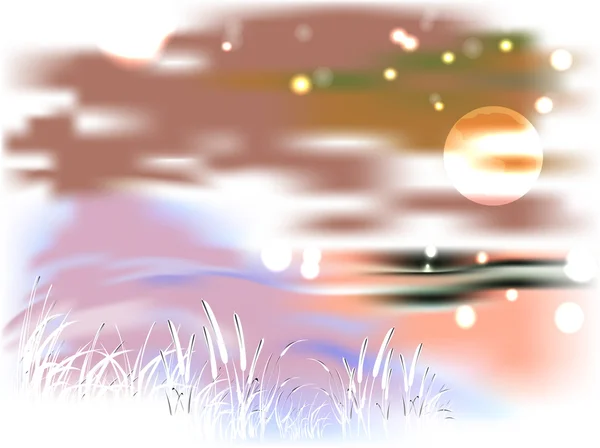 Bright landscape with lake and reeds in the light of the moon