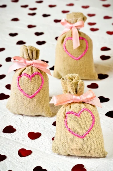 Cloth bags with hearts.