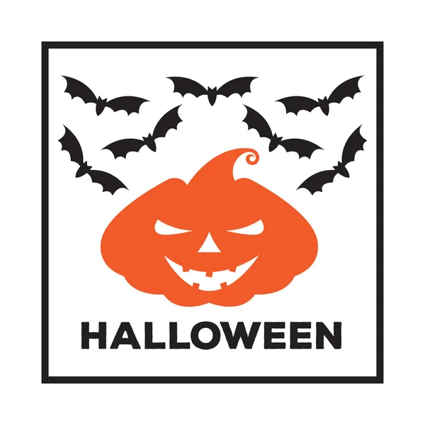 Vector emblem or poster for a holiday Halloween. Orange pumpkin with  scary face and bats in  black frame, to decorate  party  celebration.