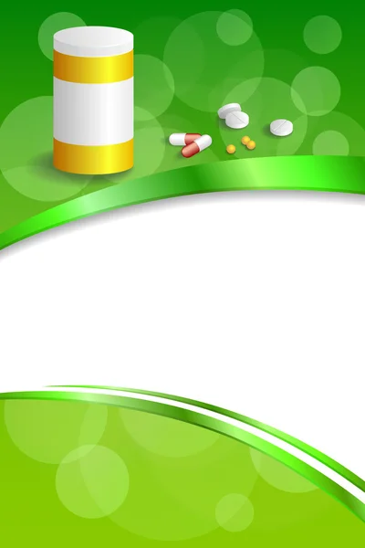 Background abstract green white medicine tablets pill plastic bottle packages frame vertical gold ribbon illustration vector