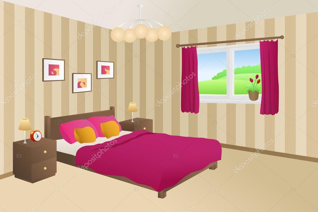 Moderne schlafzimmer beige gelb rosa bett kissen lampen fenster ...