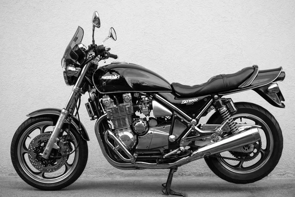 Subotica, Serbia - Jun 13, 2015: Photo shoot of Kawasaki ZR 1100 Zephyr A1 bike from 1992.Four stroke transverse four cylinder. DOHC, 2 valves per cylinder. 1062cc, air cooled. Black and white photo.