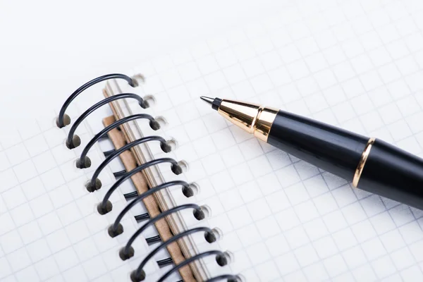 A spiral notebook with black ball pen over the white background, isolated