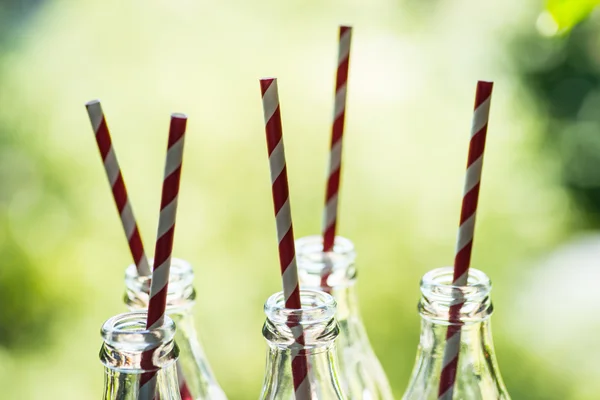 Glass bottles with straws over the sunny background