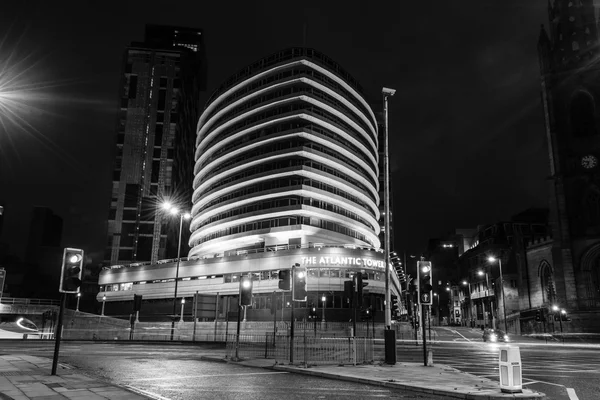 The Atlantic Tower Hotel by night black and white photography