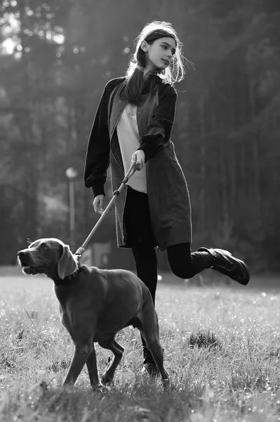 Fashion girl model walk with her dog outdoor park nature background