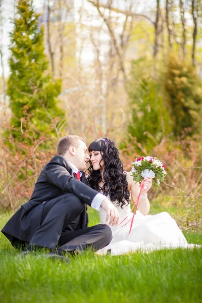Bride and groom on the green grass