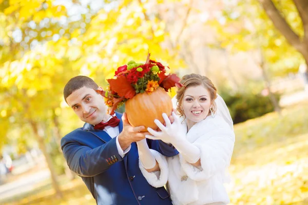 Groom and bride autumn wedding