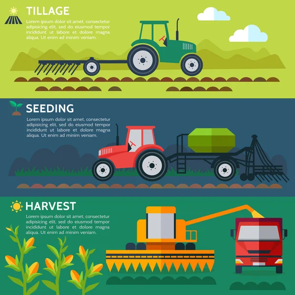 Agriculture tractors and harvester in cultivated fields.