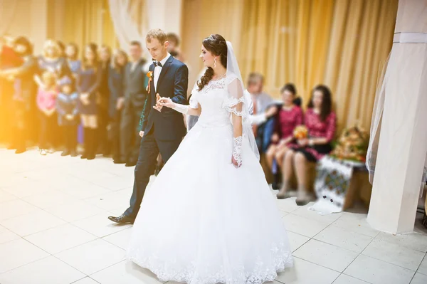 First wedding dance of wedding couple at restaurant