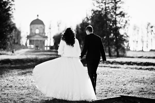 Black and white photo of  back wedding couple holding hands