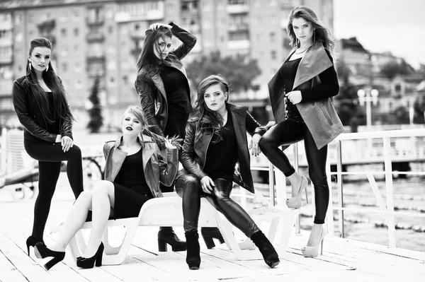 Five beautiful young girls models at leather jackets posing on b