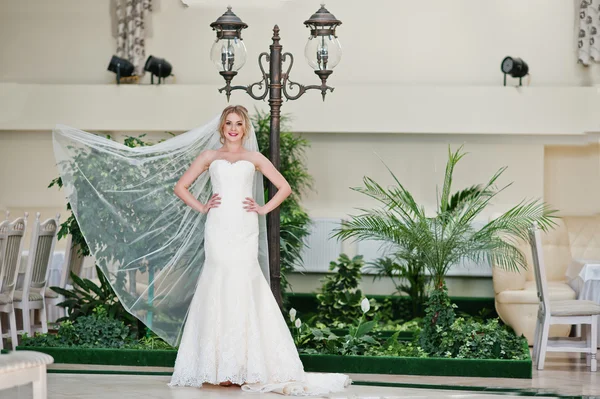 Gorgeous blonde bride with long veil posed at great awesome wedd