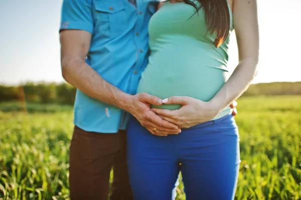 Happy pregnant couple at garden on magestic sunset