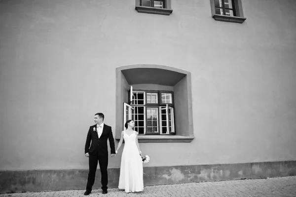 Wedding couple background stone wall with windows