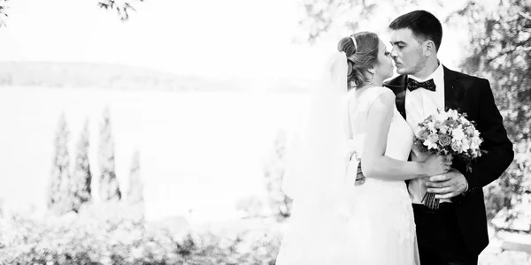 Fashionable wedding couple kissing, black and white