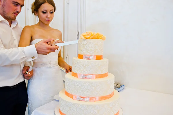 Newlywed cut wedding cake