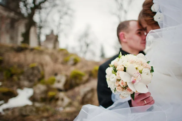 Young wedding couple on winter background stone landskape and wa