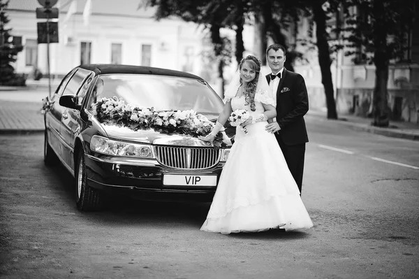 Wedding couple stay near black luxury limousine