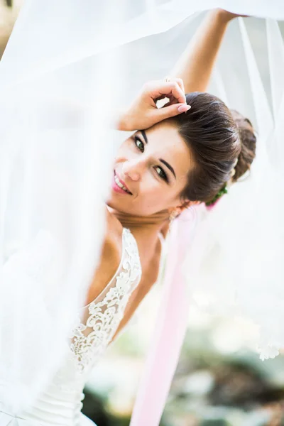 Elegant brunette bride with long veil at the forest