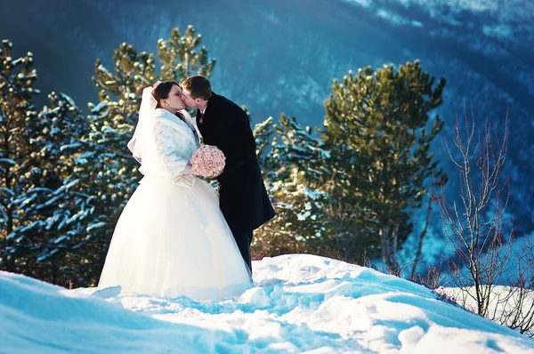 Young wedding couple at sunny winter day