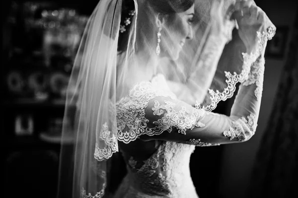 Black and white portrait of young  stylish brunette bride in the