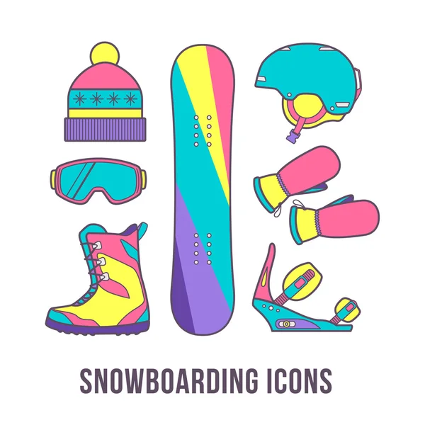 Basic equipment for snowboarding. Colorful set of snowboarding icon