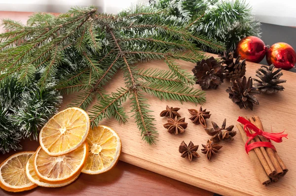 Christmas composition - cones, dried orange, anise, cinnamon.